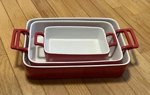 Set of 3 Crate & Barrel Casserole Baking Dish Stoneware Red Nesting With Handles - Picture 1 of 8