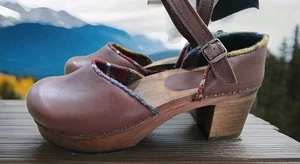 Sanita  Leather Wood Platform Sandal Clogs Woven Borders Strap Size Us 8.5 eu 41 - Picture 1 of 11