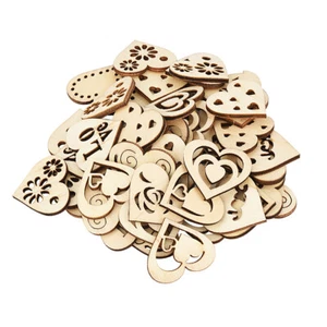 100PCS Wooden Embellishments Wood Chips Hearts Hollow Wood Discs for DIY - Picture 1 of 2