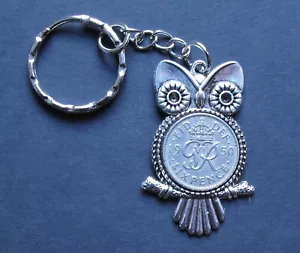 1950 75th birthday wedding lucky king Sixpence coin Owl keyring present gift bag - Picture 1 of 4