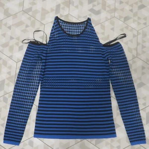 BAILEY 44 cold shoulder sweater mesh stripe blue black sz LARGE knit stretch - Picture 1 of 8