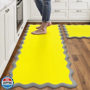 Arenarug Scalloped Yellow Gray Kitchen Mats Rugs Sets of 2 Cushioned Anti Fat - Picture 1 of 5