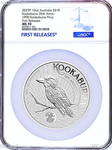 2025 P Australia Silver Kookaburra NGC MS 70 10oz $10 Coin Blue FR Label PERFECT - Picture 1 of 2