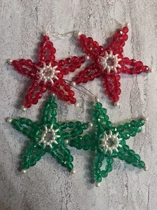 4 Vintage Beaded Hanging Christmas Stars Ornaments Green Red - Picture 1 of 4