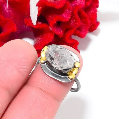 Anillo Herkimer Diamante Cuarzo Chapado en Oro Negro Plata de Ley 925 S.8.5 R44 Foto 1 de 4
