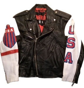 Vintage Michael Hoban Mens Where M I Leather Bomber USA Flag Jacket Medium - Picture 1 of 3