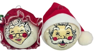 Jolly Mr & Mrs Santa Head Ball Silver Ornaments Felt Hat MCM SOLD IN PAIRS - Picture 1 of 4