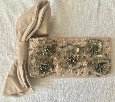 Nuevo Bolso sin asas Valentino con lazo de cuero topo beige floral lentejuelas con cuentas raro 2011 Foto 1 de 4