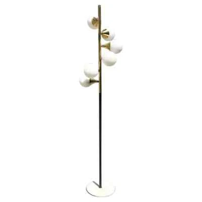 Stilnovo Floor Lamp 6 Lights Marbre Iron Brass Opaline Glass Italian Floor Lamp - Image 1 of 4