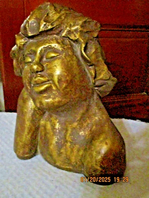 STATUE SCULPTURE BUSTE ANGELOT CHERUBIN PUTTI  TERRE CUITE PATINE DOREE - Photo 1/4