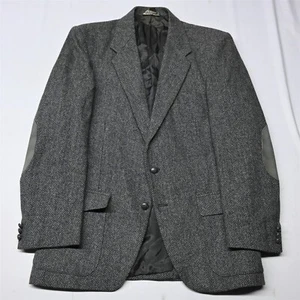 Vtg USA Made 44L Gray Herringbone Tweed Wool Mens Blazer Suit Jacket Sport Coat - Picture 1 of 12