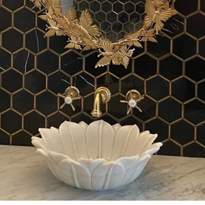 White Lotus Marble Wash Basin | Handcrafted Stone Sink | Luxury Bathroom Vessel - Picture 1 of 6
