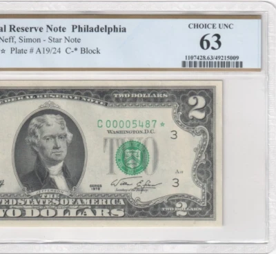 1976 $2 Two Dollar Star Philadelphia C00005487* Low Serial Number PCGS Graded 63 - Image 1 of 3