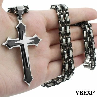 18''-36''Men Stainless Steel Cross Pendant Black Necklace Byzantine Box Necklace - Image 1 of 4