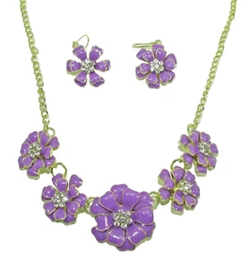 Purple Enamel and Crystal Fashion Flower Necklace and Earring Set - NEW - Picture 1 of 10