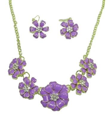 Purple flower necklace and earring set with enamel and clear crystal - NEW - Image 1 of 4