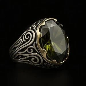 Men's Peridot Ring 925 Sterling Silver Turkish Handmade Jewelry All Size - Picture 1 of 4