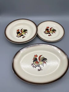 Vintage Metlox Poppytrail Rooster Oval Platter, 8.5”Bowl, 7.5”Plate Made In USA - Picture 1 of 7