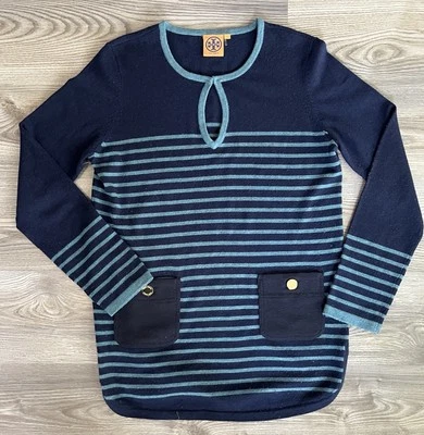 Túnica Tory Burch Odessa feminina tamanho grande lã/cashmere tiras azuis - Imagem 1 de 4