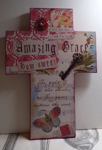 Amazing Grace Cross christlicher Wandbehang oder Staffelei Dekor Mixed Media Decoupage EUC - Bild 1 von 11