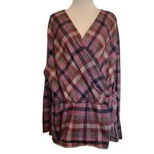 Lane Bryant Classic Faux-Wrap Plaid Top Womens Size 22/24 Pink Peplum Blouse - Picture 1 of 9