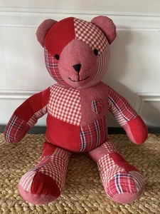 POTTERY BARN RED PATCHWORK TEDDY BEAR PLAID CORDUROY PLUSH STUFFED - Picture 1 of 11