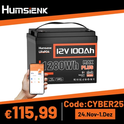 HUMSIENK LiFePO4 100Ah Bluetooth 12V Solarbatterie Lithium Akku BMS 110A Camper Wohnmobil