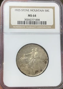 1925 50c Stone Mountain Commemorative Silver Half Dollar NGC MS64 - Picture 1 of 4
