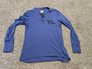 Harley Davidson Women's Thermo Henley Size Large Blue Bud’s Evansville Indiana - Picture 1 of 8