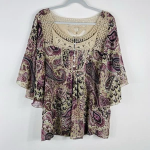 Blusa Top Daniel Rainn Talla XL Paisley Gasa Crochet Cuello Púrpura Tostado - Imagen 1 de 8