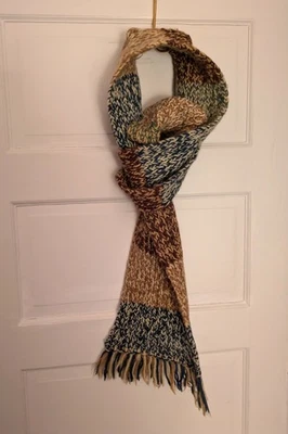 Handmade VTG 100% Wool Ragg Wool Scarf w/Fringe 60" X 11" Camel/Brown/Blue/Ivory - Image 1 of 4