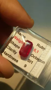 AAA - NATURAL RUBY- RUBINO CT 5.1 SI1 TOP BLOOD RED COLOR OCTAGON CUT MADA - Imagen 1 de 6