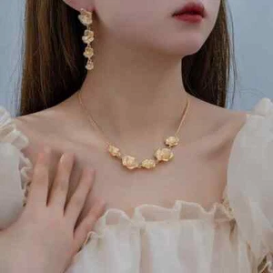 Flower Necklace Drop Earring Set Gold Filled-Floral Long Earring Necklace Set - Picture 1 of 6
