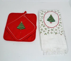 3-Pc Cannon Christmas Tree Pot Holders Towel Kitchen Decor Embroidery Red Gold - Picture 1 of 8