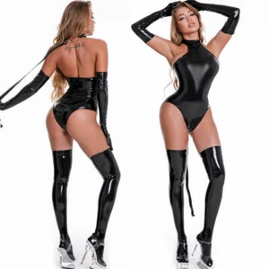 Womens Halter Shiny Wetlook Leather Bodysuit High Cut Leotard Party Club Catsuit - Picture 1 of 11