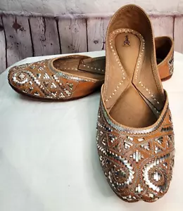 Zebidah Flats Slip On Leather Silver Metal Embroidery Boho Tribal Indian size 38 - Picture 1 of 17