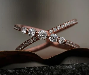 VVS1/E 14K Gold Criss Crosst Round Lab Grown Diamond Half Eternity Wedding Ring - Picture 1 of 18
