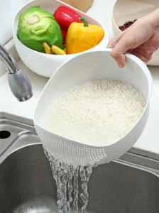 Multi Use Rice Washing Vegetable Fruit Strainer White Bowl Rice Washer Basket - Picture 1 of 5