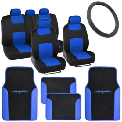Car Seat Covers Full Bench Set+PU Leather Carpet Floor Mat+Steering Wheel Cover - Image 1 of 4