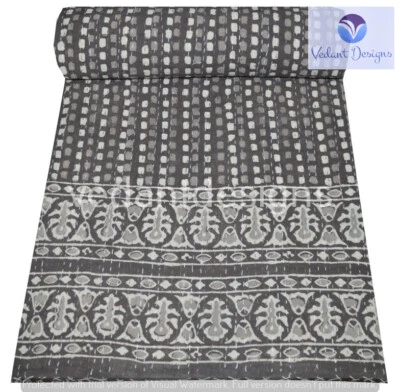 Handmade Block Kantha Embroidery Queen Blanket Throw Indian Bedspread - Image 1 of 4