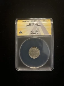 1894 Canada 10 Cents Anacs Vg10 Details Cleaned Silver Canada Dime Victoria - Picture 1 of 14