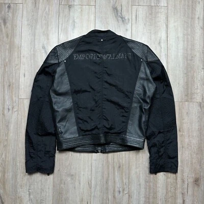 Vintage Emporio Armani Y2K Leather Nylon Motorcycle Jacket Cropped Black Mens L - Image 1 of 4