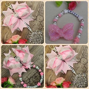 Set of 3 Personalised pram charm &dummy clip holder for pram,carseat light pink - Picture 1 of 4