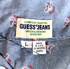 Guess Jeans Shirt Denim All Over Print Button Up Mens LARGE Blue 90s USA Vintage - Picture 1 of 10