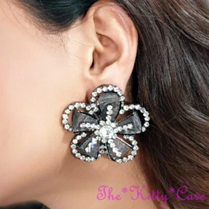 Jahrgang Art Deco Hematit Blume Blumen Metall Netz Swarovski-Kristall Ohrringe - Bild 1 von 6