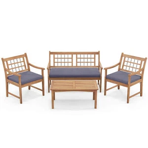 4 PCS Wood Patio Furniture Set w/ Soft Seat Cushions Solid Acacia Wood Frame - Picture 1 of 10