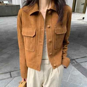 Women's Suede Leather Button Down Jacket Brown Trucker Style Vintage Coat Green - Picture 1 of 5