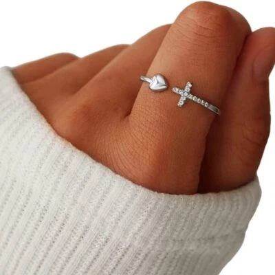 Anel cruzado folheado a ouro feminino ajustável joias da moda de cristal religioso - Imagem 1 de 4