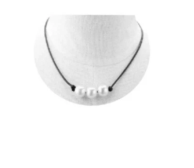 Leather and Pearl Necklace, Triple Pearl Black Leather Necklace - Image 1 of 4