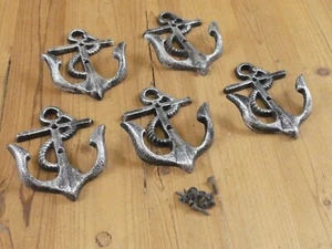 5 Cast Iron Anchor Coat Hooks Nautical Coat Hat Hook Anchors Silver Beach Decor - Picture 1 of 8